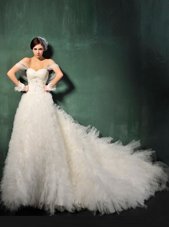 White Cap Sleeves With Train Beading and Ruffles Backless Bridal Gown