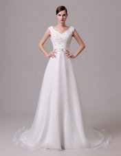 White Empire V-neck Sleeveless Organza and Lace With Brush Train Clasp Handle Beading and Sashes|ribbons Wedding Gown