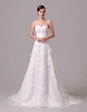 White Empire Sweetheart Sleeveless Chiffon With Brush Train Lace Up Appliques and Hand Made Flower Wedding Gowns