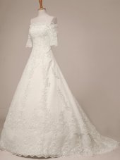 Cute White Scalloped Zipper Lace Wedding Gowns Sweep Train Half Sleeves