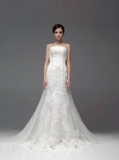 Attractive White A-line Strapless Sleeveless Tulle and Lace Brush Train Zipper Lace Wedding Dress