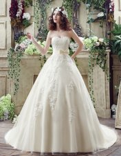 Graceful Sleeveless Tulle Court Train Lace Up Wedding Gowns in Champagne for with Lace and Appliques and Bowknot