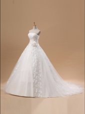 White Tulle Lace Up Wedding Dress Sleeveless With Train Chapel Train Appliques and Sashes|ribbons