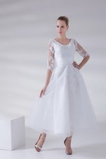 Wonderful Scoop White Sleeveless Lace and Appliques Ankle Length Wedding Dresses