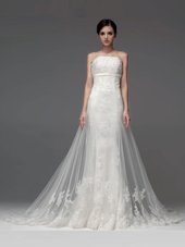Edgy White Sleeveless Brush Train Lace and Appliques With Train Wedding Gowns