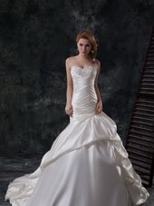 Luxurious Mermaid White Sleeveless Court Train Beading and Ruching Wedding Dresses