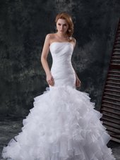 Perfect Mermaid White Sleeveless Organza Brush Train Lace Up Bridal Gown for Wedding Party