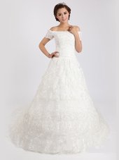 Off the Shoulder With Train A-line Short Sleeves White Wedding Dresses Court Train Lace Up