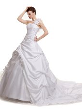 White Lace Up Wedding Gown Ruching and Pick Ups Sleeveless With Train Court Train