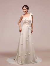 Best White Empire One Shoulder Sleeveless Chiffon With Brush Train Lace Up Ruching and Hand Made Flower Wedding Gown
