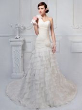 Hot Selling White Lace Up One Shoulder Ruffled Layers and Ruching and Hand Made Flower Wedding Gown Organza Sleeveless Brush Train