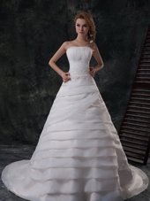 White A-line Strapless Sleeveless Organza With Brush Train Lace Up Beading and Appliques and Ruffled Layers Wedding Gowns
