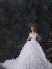 White Lace Up Scoop Beading and Ruffles Wedding Gown Organza Sleeveless Chapel Train