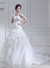 Modest One Shoulder White Lace Up Bridal Gown Ruffles and Ruching and Pick Ups Sleeveless With Brush Train