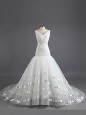 Custom Design White Organza Lace Up V-neck Sleeveless With Train Wedding Dresses Court Train Ruching