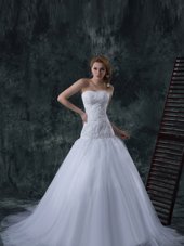 Classical White Tulle Lace Up Strapless Sleeveless With Train Bridal Gown Court Train Beading and Appliques