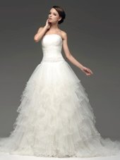 Sumptuous White Lace Up Strapless Beading and Ruffles Wedding Dress Tulle Sleeveless Sweep Train
