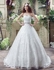 Sophisticated White Wedding Gown Wedding Party and For with Appliques and Bowknot Sweetheart Sleeveless Court Train Lace Up