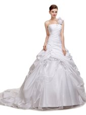 White Lace Up Strapless Ruching and Pick Ups Wedding Dress Organza and Taffeta and Tulle Sleeveless Court Train