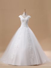 Attractive White Tulle Zipper Strapless Sleeveless With Train Wedding Dresses Court Train Lace and Appliques