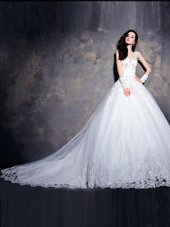 New Style Tulle Sweetheart Cap Sleeves Court Train Lace Up Beading and Appliques Bridal Gown in White