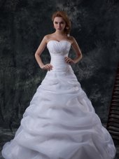 Custom Made Sleeveless Organza Floor Length Brush Train Lace Up Wedding Gowns in White for with Beading and Ruching and Pick Ups