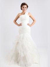 Trendy Mermaid One Shoulder White Sleeveless With Train Ruffled Layers Zipper Wedding Gown