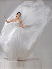 New Arrival Mermaid Sleeveless Floor Length Ruching and Hand Made Flower Zipper Wedding Dresses with White Brush Train