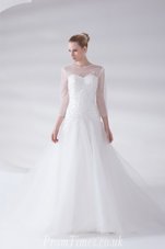 Scoop 3|4 Length Sleeve Bridal Gown With Brush Train Appliques White Tulle
