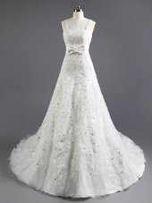 Perfect White Square Neckline Beading and Appliques and Bowknot Bridal Gown Sleeveless Lace Up