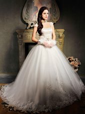 White Tulle Lace Up Square Cap Sleeves With Train Wedding Gown Brush Train Beading and Appliques