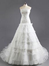 White Lace Up Strapless Beading and Appliques and Ruffled Layers Bridal Gown Organza Sleeveless Court Train
