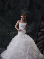 White Lace Up Wedding Dress Ruffles and Ruching Sleeveless Brush Train