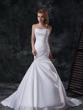 Custom Designed Mermaid White Sleeveless With Train Beading and Ruching Lace Up Wedding Gowns