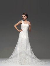 Smart White Bridal Gown Wedding Party and For with Lace and Appliques Straps Sleeveless Brush Train Lace Up