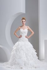 Exquisite Ruffled White Sleeveless Organza Brush Train Lace Up Wedding Dresses for Wedding Party