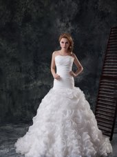 Deluxe Fabric With Rolling Flowers Sweetheart Sleeveless Brush Train Lace Up Ruffles and Ruching Wedding Gown in White