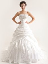 White A-line Strapless Sleeveless Taffeta With Train Court Train Lace Up Beading and Pick Ups Wedding Dress