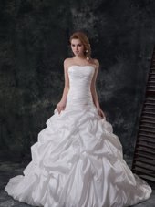White A-line Taffeta Strapless Sleeveless Ruching and Pick Ups With Train Lace Up Wedding Gowns Brush Train