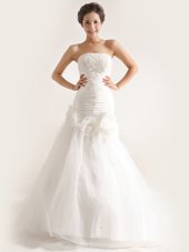 Comfortable White Zipper Strapless Lace and Ruching and Hand Made Flower Wedding Dress Tulle Sleeveless Sweep Train