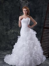 On Sale White Sweetheart Neckline Beading and Appliques and Ruffles Wedding Dresses Sleeveless Lace Up