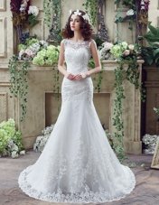 Mermaid See Through White Lace Backless Scoop Sleeveless Wedding Dresses Brush Train Beading and Appliques