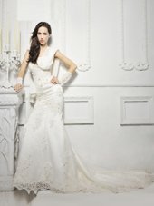 White Cap Sleeves With Train Lace and Appliques Zipper Wedding Dress
