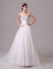 White Sleeveless Brush Train Beading and Appliques and Ruching and Pick Ups With Train Wedding Dresses