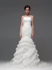 Glorious Mermaid Sleeveless With Train Ruffled Layers Lace Up Wedding Dress with White Brush Train