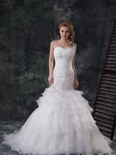 Cheap Mermaid White Sleeveless Beading and Ruffled Layers With Train Bridal Gown