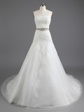 White Sweetheart Lace Up Ruching and Hand Made Flower Bridal Gown Sleeveless