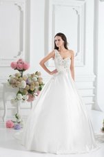 Unique With Train White Bridal Gown One Shoulder Sleeveless Brush Train Lace Up