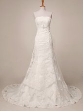 Discount Brush Train A-line Wedding Dress White Strapless Lace Sleeveless Floor Length Lace Up