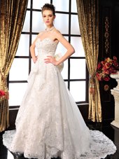 Designer White Lace Up Wedding Dresses Beading and Lace and Bowknot Sleeveless Brush Train